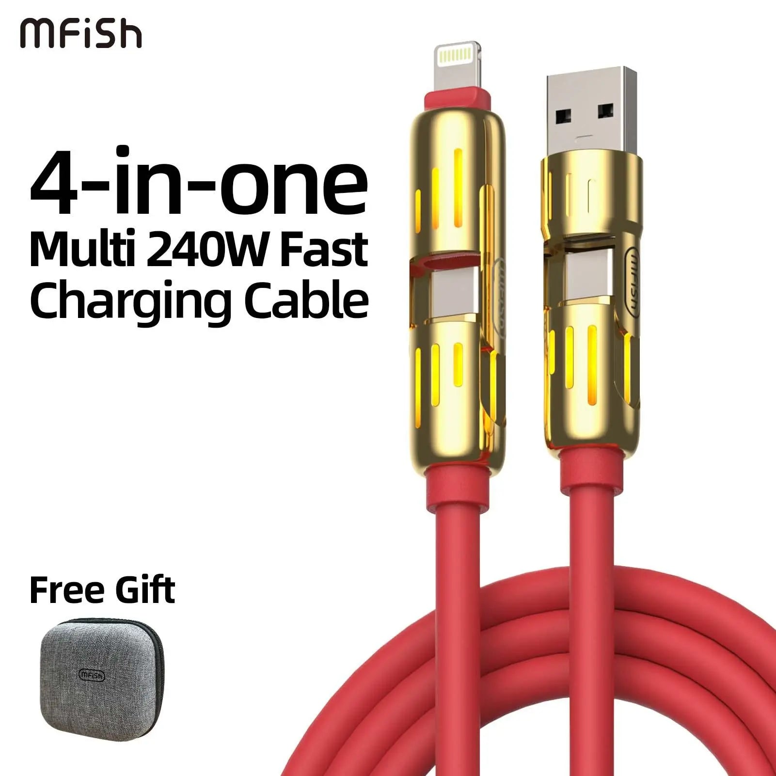 Mfish 4-In-1 Charger Multi 240W Fast Charging Super Liquid Silicone Cable with USB a Type C Lightning for Iphone17&Samsung Laptops Charger