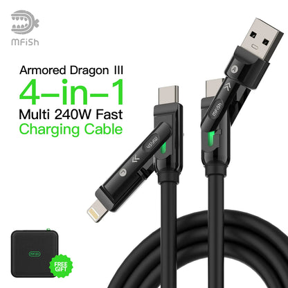 Mfish 4-In-1 Charger Multi 240W Fast Charging Super Liquid Silicone Cable with USB a Type C Lightning for Iphone17&Samsung Laptops Charger