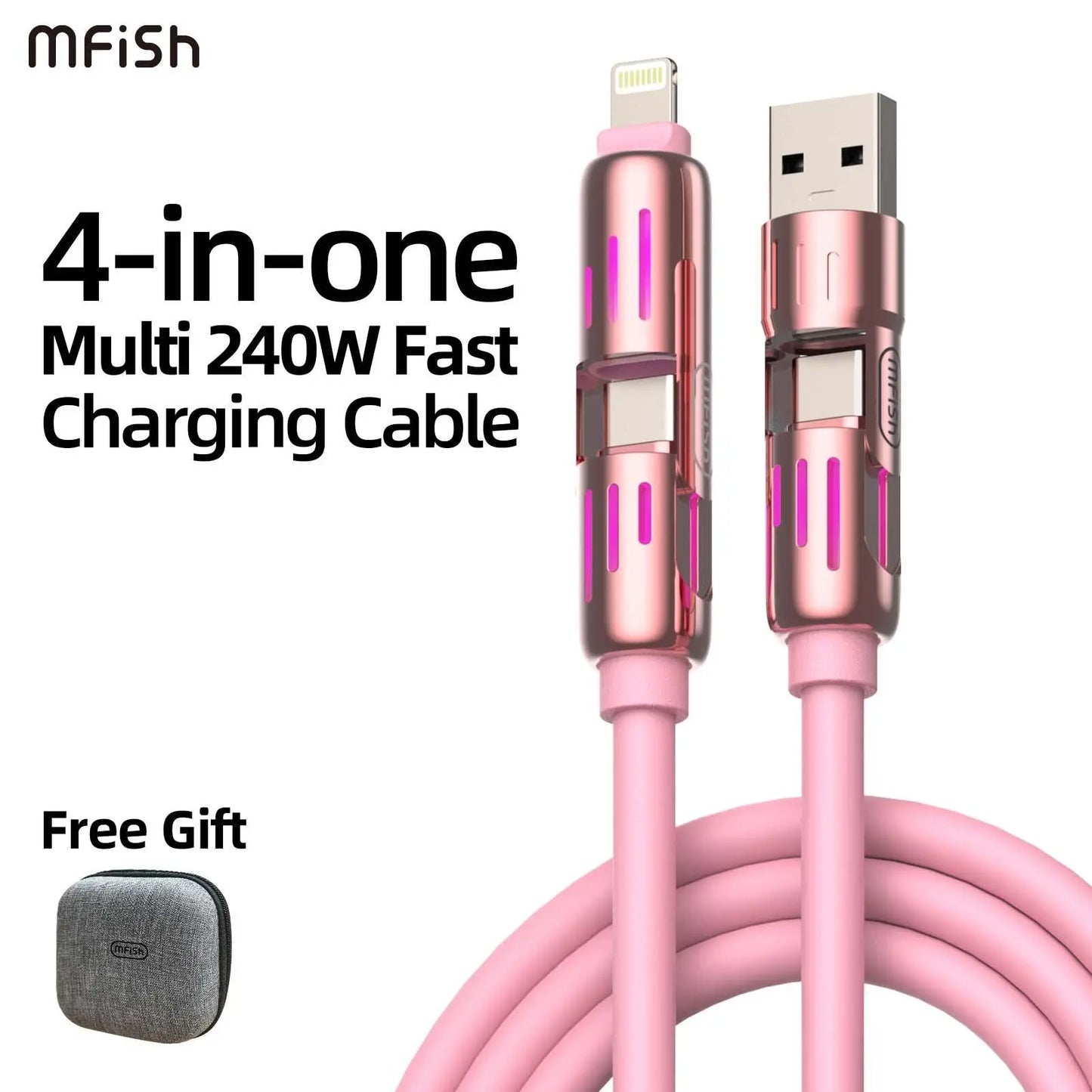 Mfish 4-In-1 Charger Multi 240W Fast Charging Super Liquid Silicone Cable with USB a Type C Lightning for Iphone17&Samsung Laptops Charger