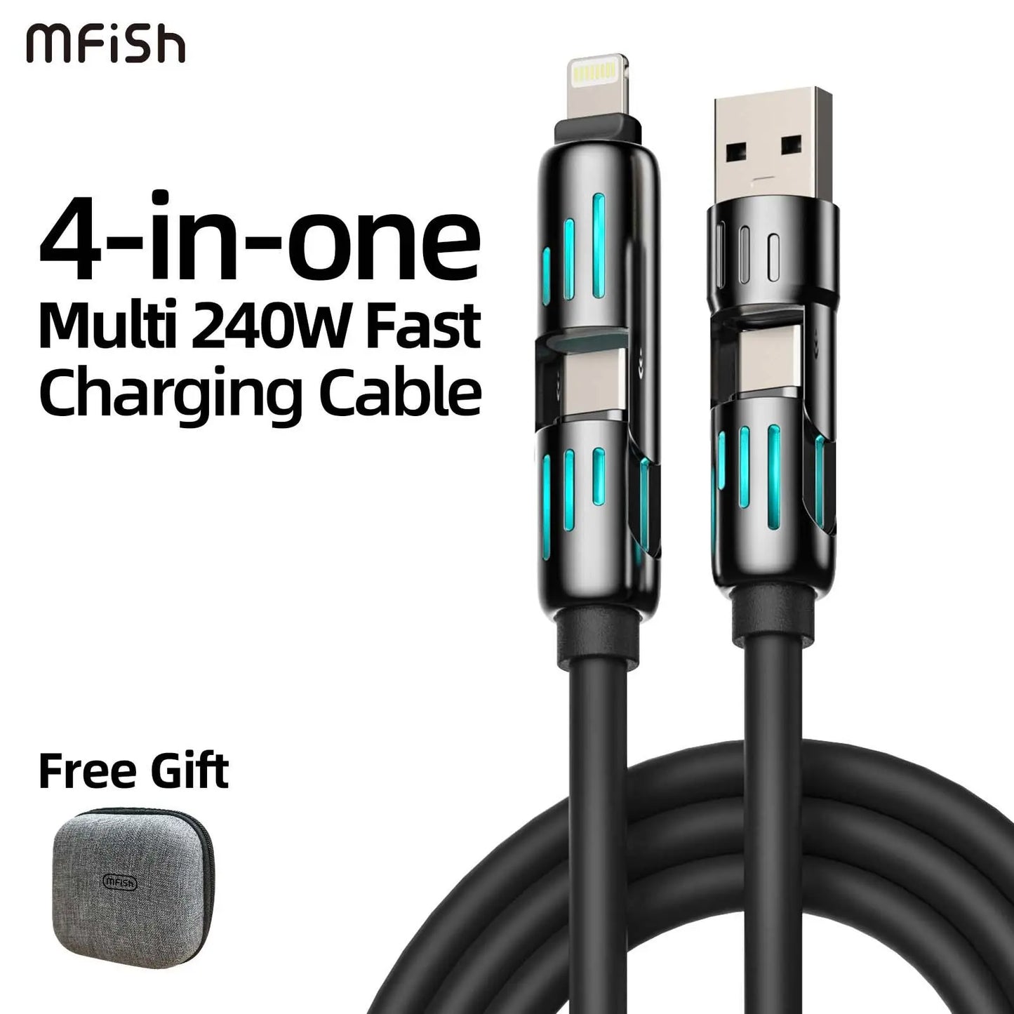 Mfish 4-In-1 Charger Multi 240W Fast Charging Super Liquid Silicone Cable with USB a Type C Lightning for Iphone17&Samsung Laptops Charger